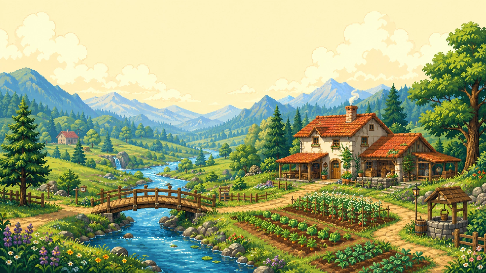 GC21 pixel concept: a sunny farmhouse, vegetable garden and river footbridge